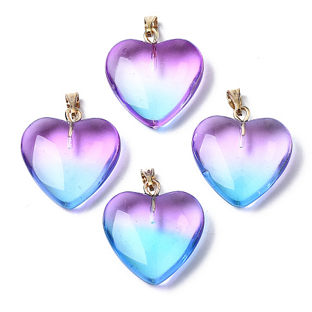 ARRICRAFT Two Tone Spray Painted Glass Pendants, with Golden Plated Iron Bails, Heart, Deep Sky Blue, 22x20.5x7mm, Hole: 6x2mm