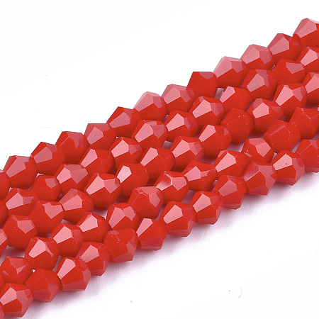 Arricraft Opaque Solid Color Glass Beads Strands, Imitation Jade, Faceted, Bicone, Red, 4.5x4mm, Hole: 1mm, about 105~116pcs/strand, 14.96 inches~17.9 inches