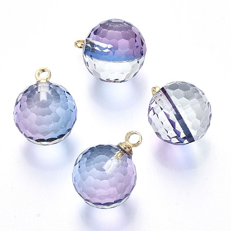 ARRICRAFT K9 Glass Pendants, Golf Ball Beads, with Golden Tone Brass Peg Bail, Faceted, Round, Light Steel Blue, 1/2x1/4 inch(12x8mm), Hole: 1.5mm