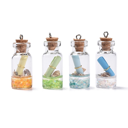 Honeyhandy Glass Wishing Bottle Pendant Decorations, with Resin & Paper & Shell, with Cork Stopper and Iron Findings, Mixed Color, 40~42x16mm, Hole: 2mm