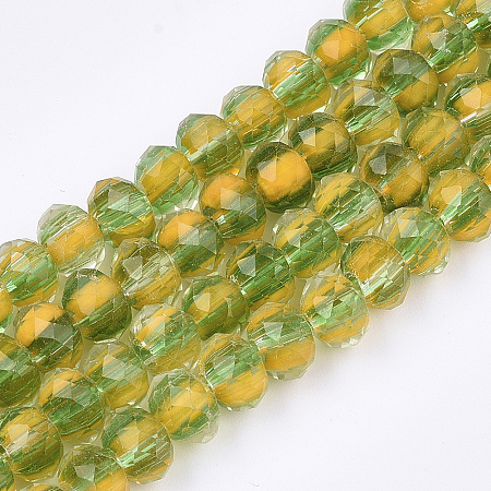 NBEADS Glass Beads Strands, Faceted, Two Tone, Rondelle with Flower, Gold, 7.5~8x5.5mm, Hole: 1~1.5mm; about 74pcs/strand, 16.1''