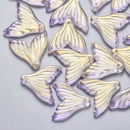 NBEADS Transparent Spray Painted Glass Pendants, with Glitter Powder, Fishtail Shape, Lilac, 19x19.5x3.5mm, Hole: 1.2mm
