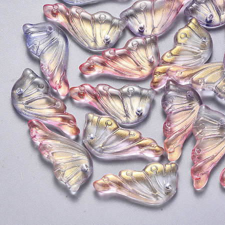 Nbeads Transparent Spray Painted Glass Pendants, with Glitter Powder, Butterfly Wings, Pink, 24x12.5x4mm, Hole: 1.4mm