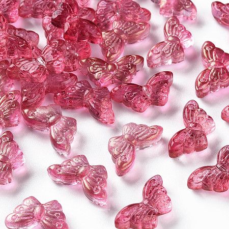 Honeyhandy Transparent Spray Painted Glass Beads, with Glitter Powder, Butterfly, Cerise, 8x15x4.5mm, Hole: 1mm