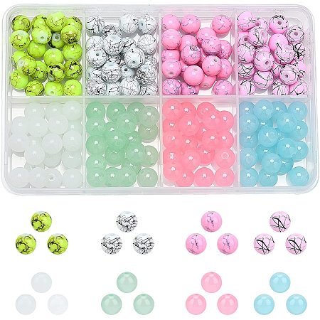 NBEADS 160 Pcs 8 Colors Drawbench Glass Round Beads, 8mm Round Loose Beads Colorful Smooth Spacer Beads for Valentine's Day Necklace Bracelet Jewelry Making