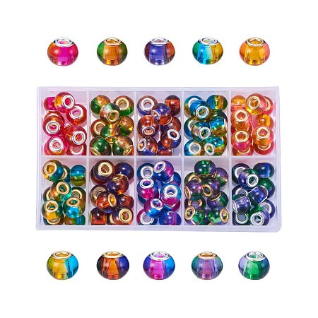 NBEADS 100 PCS Mixed Color Transparent Glass European Beads, Two Tone Large Hole Rondelle Beads European Charms fit Bracelet Jewelry Making