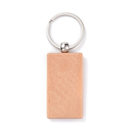 Honeyhandy Natural Wood Keychain, with Platinum Plated Iron Split Key Rings, Rectangle, BurlyWood, 9cm, Rectangle: 63.5x30x7mm