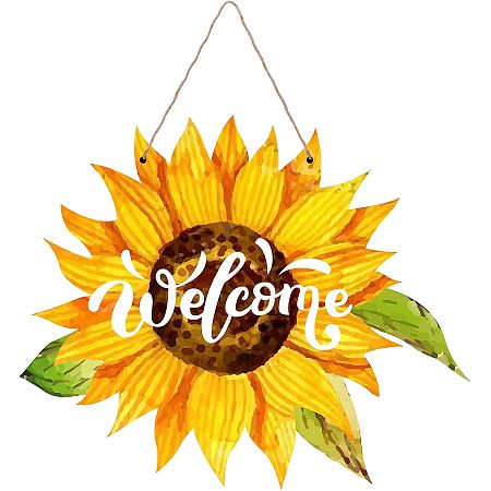 SUPERDANT Sunflower Hanging Sign Welcome Theme Wooden Sign Wall Decor Sunflower Shape Hanging Ornament Natural Wood Hanging Wall Decorations Sign for Home Board Door Decoration