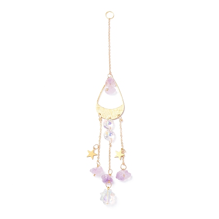 Honeyhandy Hanging Crystal Aurora Wind Chimes, with Prismatic Pendant, Teardrop-shaped Iron Link and Natural Amethyst, for Home Window Lighting Decoration, Golden, 265mm