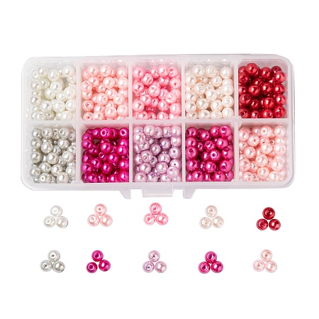 ARRICRAFT 500Pcs 10 Colors Baking Painted Pearlized Glass Pearl Round Bead Strands, Mixed Color, 6~7mm, Hole: 1mm, 50pcs/color