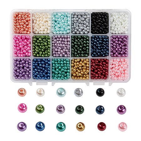 Arricraft 18 Colors Glass Pearl Beads, Pearlized, Round, Mixed Color, 4~5mm, Hole: 1mm; 18 Colors, about 200pcs/color, 3600pcs/box