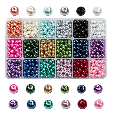 Arricraft 18 Colors Glass Pearl Beads, Pearlized, Round, Mixed Color, 6~7mm, Hole: 1mm; 18 Colors, about 70pcs/color, 1260pcs/box