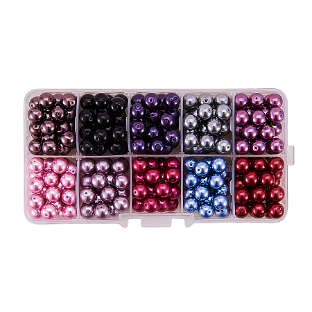 PandaHall Elite 1 Box (about 230pcs) 10 Color Pearlized Glass Pearl Round Beads Assortment Lot for Jewelry Making, 8mm, Hole: 1mm - Mixed Color 8