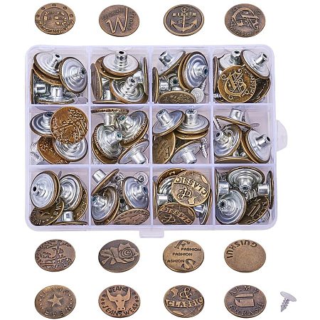 PH PandaHall 72 Sets 12 Styles Vintage Metal Jeans Flat Round Button Replacement with Track Button for Denim Jeans Repair