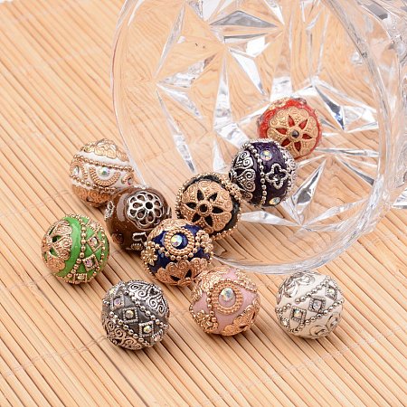 NBEADS 10 Pcs Handmade Indonesia Bead Sets, Round, with Alloy Findings, Mixed Color, 19~20mm, Hole: 2mm