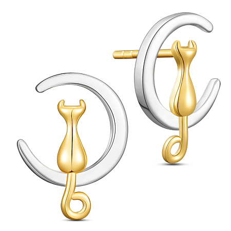 SHEGRACE Unique Design 925 Sterling Silver Stud Earrings, Half Hoop Earrings, with Kitten and Moon, Platinum & Golden, 18.14x13mm