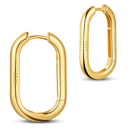 SHEGRACE 925 Sterling Silver Hoop Earrings, Carved with S925, Oval, Real 18K Gold Plated, 26x16mm