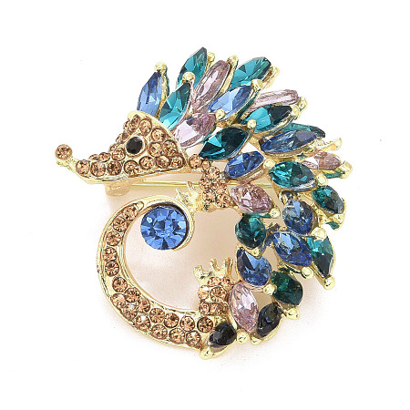 Honeyhandy Rhinestone Hedgehog Badge, Animal Alloy Lapel Pin for Backpack Clothes, Golden, Blue Zircon, 44x40x12mm, Pin: 0.7mm