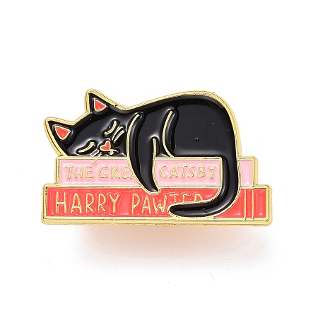 Honeyhandy The Great Catsby Word Enamel Pin, Cat Sleeping Alloy Enamel Brooch for Backpack Clothes, Golden, Pink, 19x31x10.5mm, Pin: 1mm.