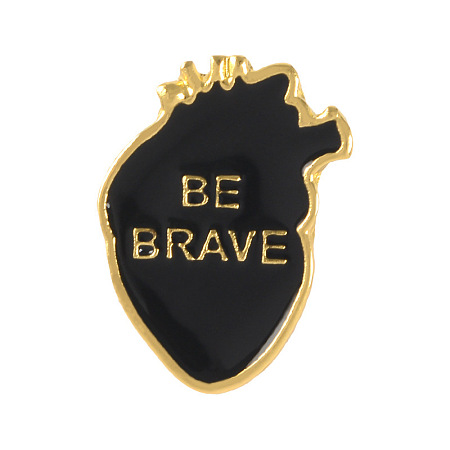 Honeyhandy Creative Zinc Alloy Brooches, Enamel Lapel Pin, with Iron Butterfly Clutches or Rubber Clutches, Anatomical Heart Shape with Word Be Brave, Golden, Black, 28x20mm, Pin: 1mm