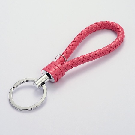 PandaHall Elite Hot Pink Braided PU Leather Key Chains with Platinum Plated Iron Findings 130mm