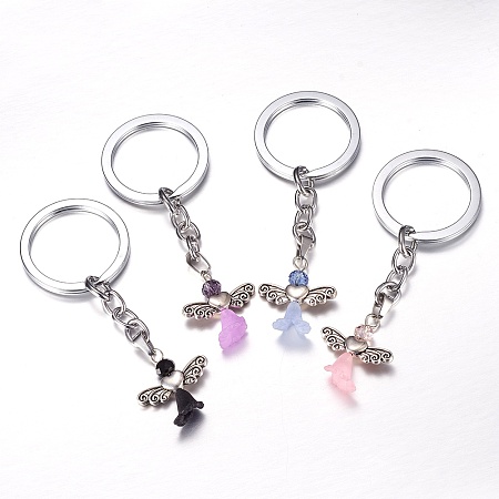 Honeyhandy Alloy Keychain, with Gemstone Beads, Tibetan Style Heart Beads and Acrylic Flower Beads, Lovely Wedding Dress Angel Dangle, Mixed Color, 83mm