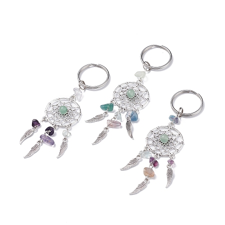 Honeyhandy Natural Chip Fluorite & Green Aventurine Keychain, with Tibetan Style Pendants and 316 Surgical Stainless Steel Key Ring, Woven Net/Web with Feather, 107mm, Pendant: 82x28x7mm