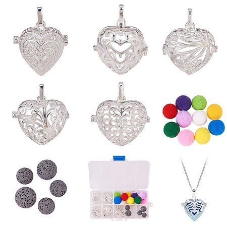 BENECREAT 5PCS Love Theme Heart Shape Hollow Silver Plated Bead Cage Pendant Oil Diffuser Pendant - Perfume Fragrance Essential Oil Aromatherapy Diffuser Charms Pendant Necklace