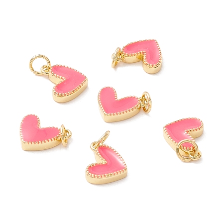 Honeyhandy Rack Plating Brass Enamel Charms, with Jump Ring, Cadmium Free & Nickel Free & Lead Free, Real 18K Gold Long-Lasting Plated, Heart, Hot Pink, 9x7x2mm, Hole: 2.5mm