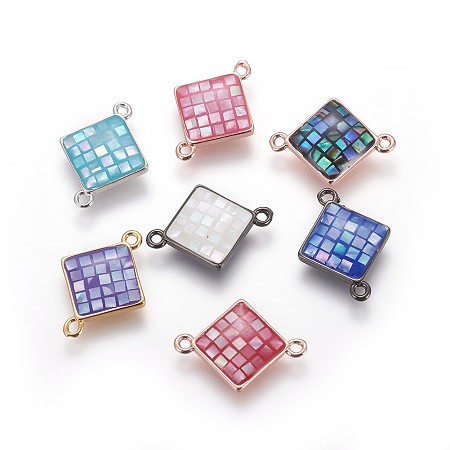 Brass Enamel Links connectors, with Freshwater Shell, Rhombus, Mixed Color, 18x13.5x3mm, Hole: 1.2mm