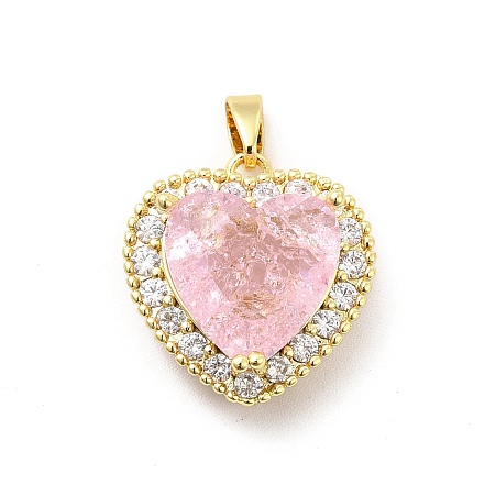 Honeyhandy Brass Micro Pave Clear Cubic Zirconia Pendants, with Faceted Glass, Heart Charm, Real 18K Gold Plated, Pink, 18.5x17x9.5mm, Hole: 5x3mm