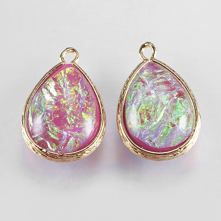 Resin Pendants, with Brass Findings, teardrop, Light Gold, Hot Pink, 22~23x14.5~15x7~7.5mm, Hole: 1~1.5mm