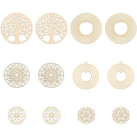 SUPERFINDINGS 60Pcs 6 Style Tree of Life Connector Flower Flat Round Donut Joiners Links Brass Links Connectors Light Gold Filigree Links for Jewelry Making