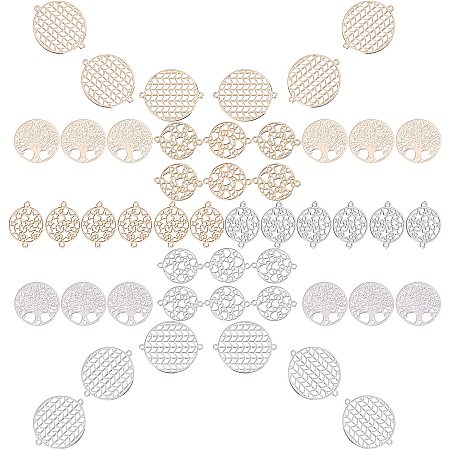 SUNNYCLUE 1 Box 48Pcs 4 Styles Round Connector Charms Brass Flat Filigree Tree of Life Heart Star Arrow Hollow Metal Connectors for Necklaces Earrings DIY Crafts Making Supplies, Golden Silver