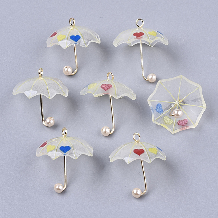 Honeyhandy Printed Acrylic Pendants, ABS Plastic Imitation Pearl and Golden Plated Brass Loops, 3D Umbrella with Heart Pattern, Colorful, 20~21x20x20mm, Hole: 1.6mm