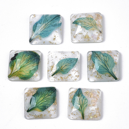 ARRICRAFT Epoxy Resin Cabochons, with Gold Foil and Real Leaf Dried Inside, Square, Green, 15.5x15.5x6mm