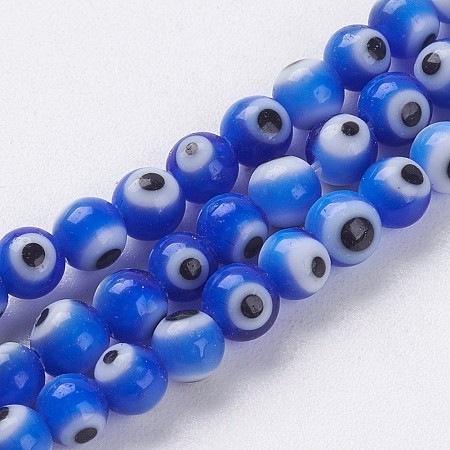 Honeyhandy Handmade Evil Eye Lampwork Beads Strands, Round, Blue, 4mm, Hole: 1mm, about 98pcs/strand, 14.3 inch(36.5cm)