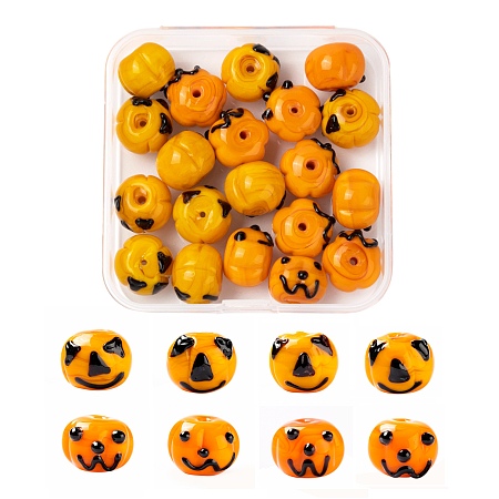 ARRICRAFT 20Pcs/Box 2 Style Halloween Theme Handmade Lampwork Beads, Cartoon Pumpkin, Dark Orange, 10pcs/style