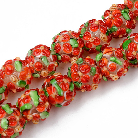 Handmade Lampwork Beads Strands, Bumpy, Round with Flower, Orange Red, 12~13x11~12mm, Hole: 1mm; about 40pcs/strand, 16.69 inches(42.4cm)