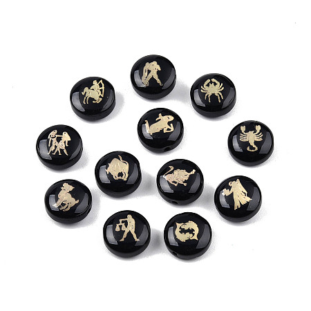 Handmade Lampwork Beads, with Platinum Plated Brass Embellishments, Flat Round with Twelve Constellations, Black, 12x6mm, Hole: 1mm, 12pcs/set