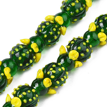 Handmade Bumpy Lampwork Beads Strands, Cactus, Dark Green, 21~22x16~17x16~17mm, Hole: 1.5mm, about 20pcs/strand, 16.54 inch(42cm)