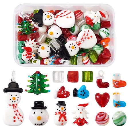 Handmade Lampwork Beads, for Christmas, Mixed Shapes, Mixed Color, 18~19x14x9~10mm, Hole: 1mm, 55pcs/box
