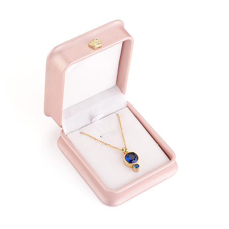 Honeyhandy PU Leather Necklace Pendant Gift Boxes, with Golden Plated Iron Crown and Velvet Inside, for Wedding, Jewelry Storage Case, Pink, 8.4x7.2x4cm