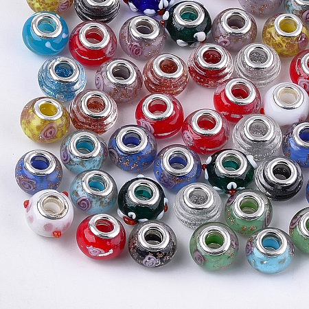 Arricraft Handmade Lampwork European Beads, Large Hole Beads, with Platinum Color Brass Single Cores, Rondelle, Mixed Color, 14x7.5mm, Hole: 4mm