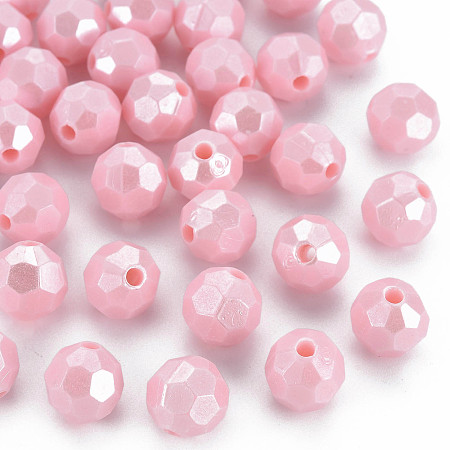 Honeyhandy Opaque Acrylic Beads, Faceted, Round, Pink, 9.5mm, Hole: 2mm, about 1050pcs/500g