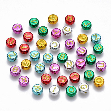 Arricraft Plating Acrylic Beads, Flat Round with Initial Letter, Mixed Color, Mixed, 7x3.5mm, Hole: 1.2mm; 3600pcs/500g