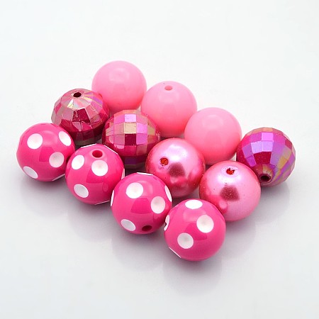 Honeyhandy Round Chunky Bubblegum Acrylic Beads, Imitation Pearl & AB Color & Opaque Style, Deep Pink, 20mm, Hole: 2.5mm, 4pcs/set