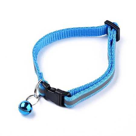 Honeyhandy Adjustable Polyester Reflective Dog/Cat Collar, Pet Supplies, with Iron Bell and Polypropylene(PP) Buckle, Sky Blue, 21.5~35x1cm, Fit For 19~32cm Neck Circumference