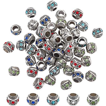 SUPERFINDINGS 50Pcs 5 Colors 11x10mm Antique Silver Plated Beads with 5mm Hole Alloy Rhinestone European Beads Rondelle Large Hole Beads for Jewelry Making