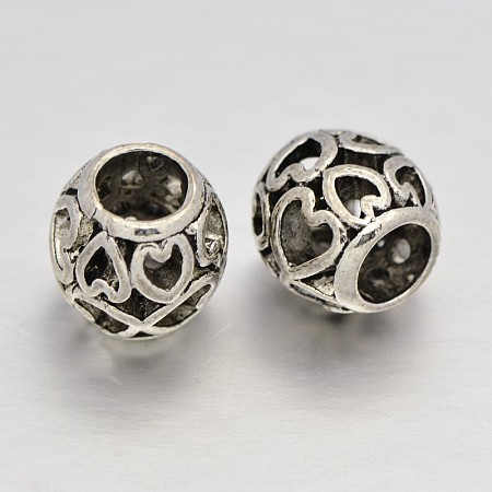 Honeyhandy Filigree Heart Rondelle Alloy European Beads, Large Hole Beads, Antique Silver, 10x9.5mm, Hole: 5mm